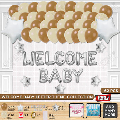 Welcome Baby Foil Letter Theme With Rectangle Curtain - Ivory & Caramel Brown
