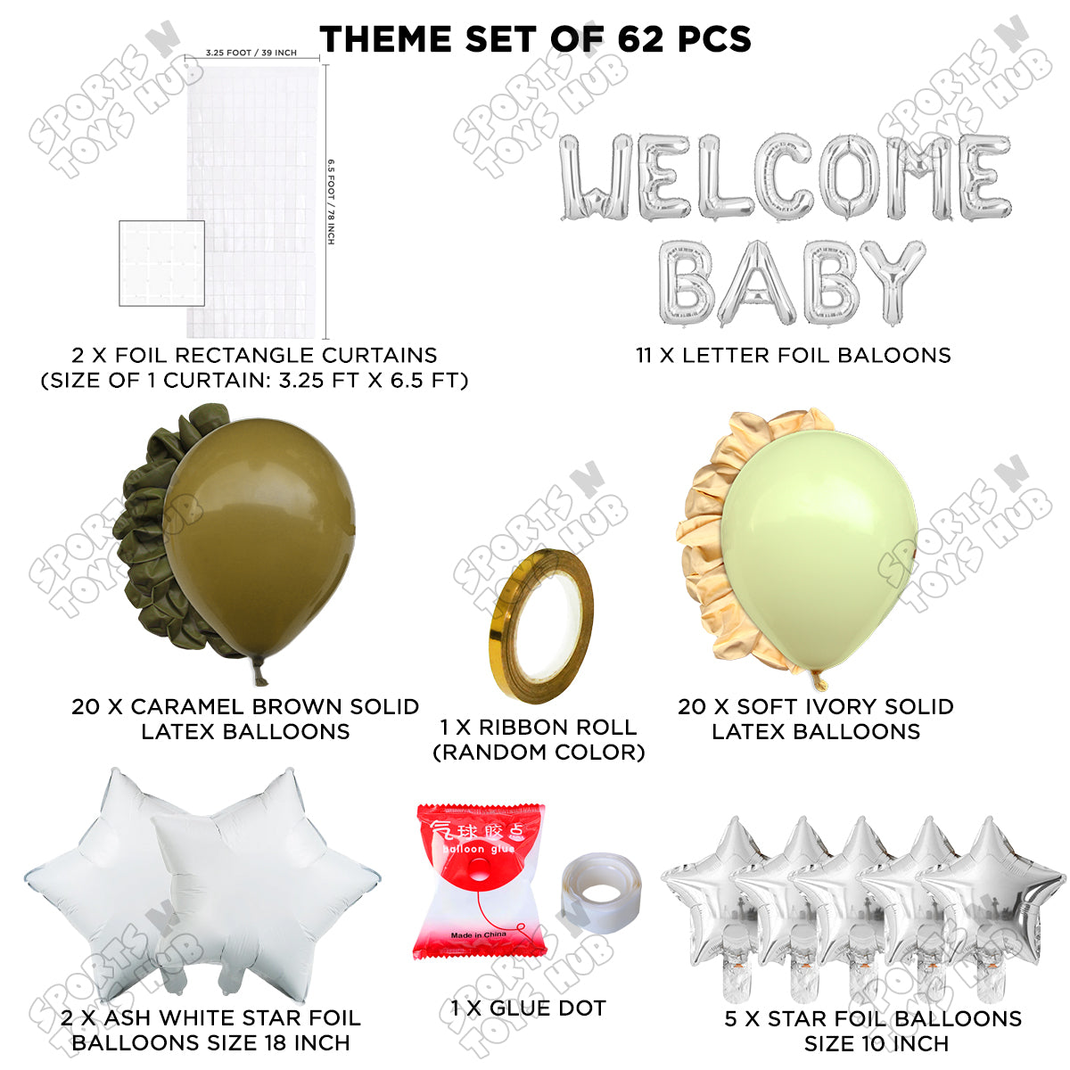 Welcome Baby Foil Letter Theme With Rectangle Curtain - Ivory & Caramel Brown