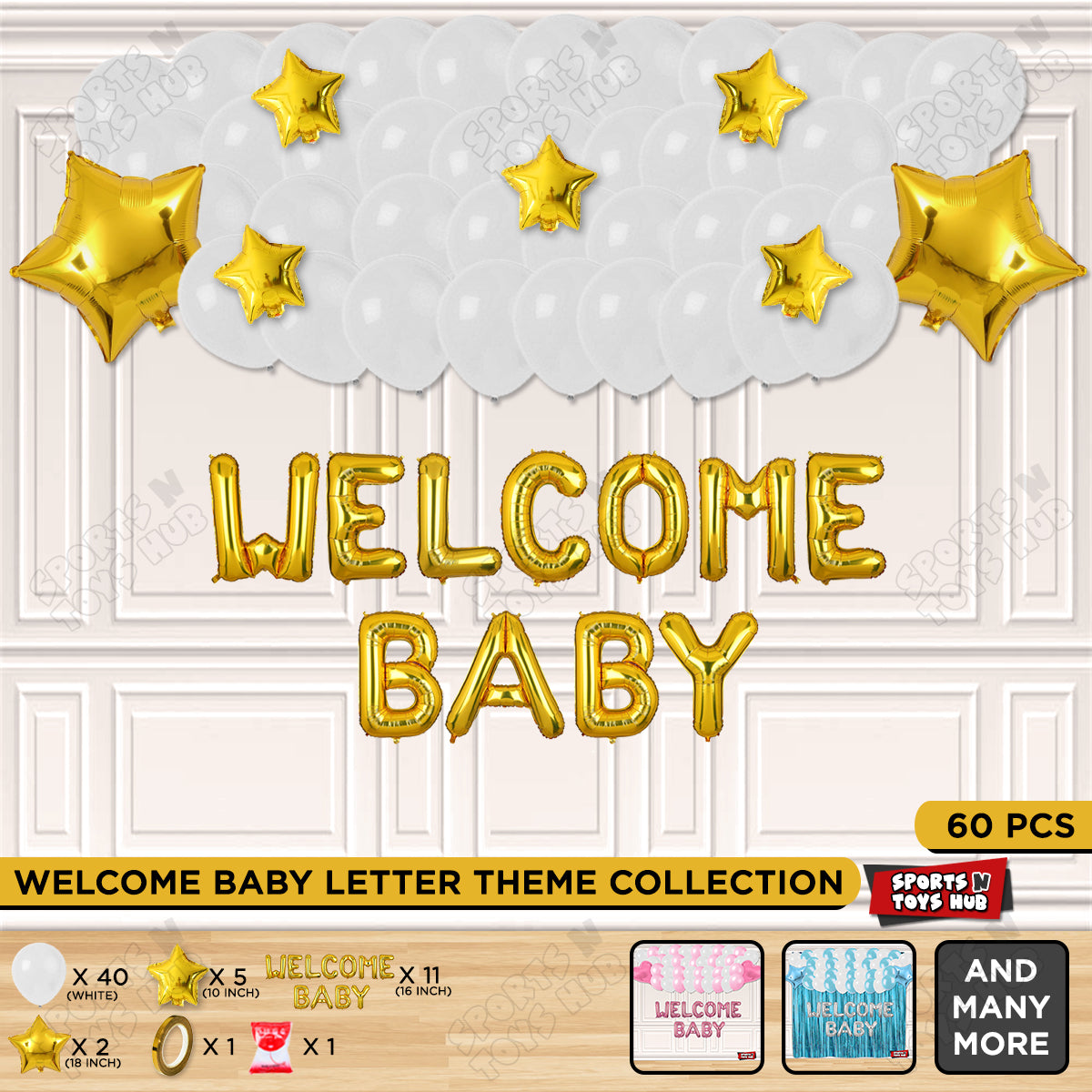 Welcome Baby Foil Letter Theme Without Curtain - White & Gold