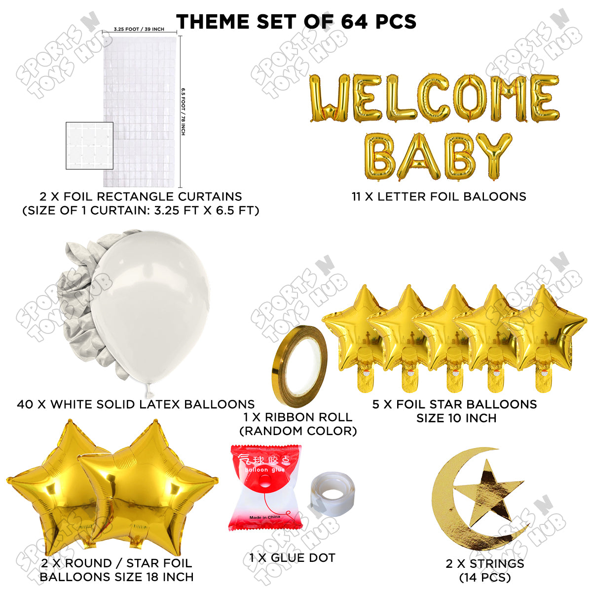 Welcome Baby Foil Letter Theme With Rectangle Curtain - White & Gold