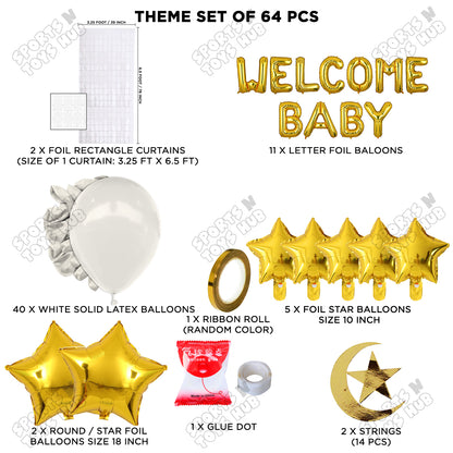 Welcome Baby Foil Letter Theme With Rectangle Curtain - White & Gold