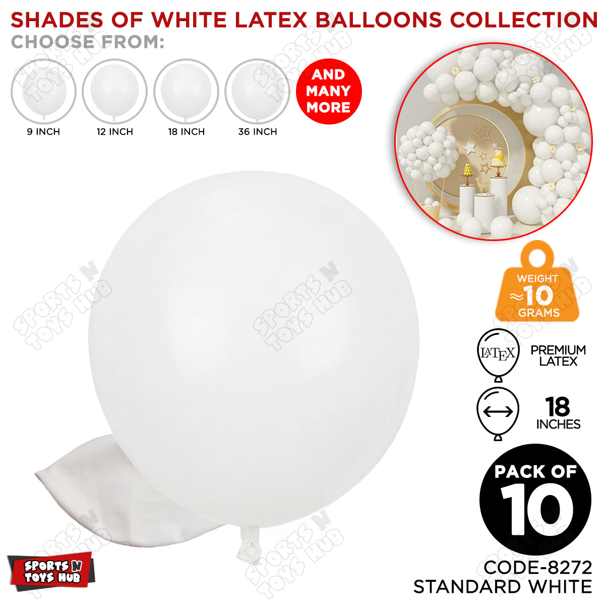 White Latex Solid Latex Balloons Available In 9, 12, 18 & 36 Inch Sizes