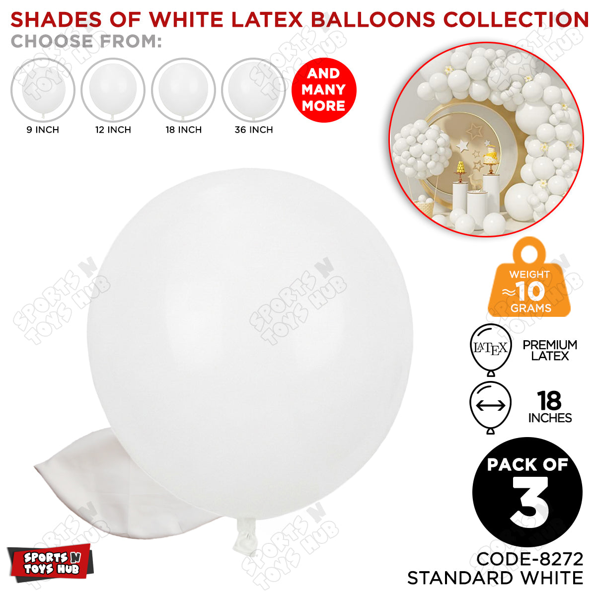 White Latex Solid Latex Balloons Available In 9, 12, 18 & 36 Inch Sizes