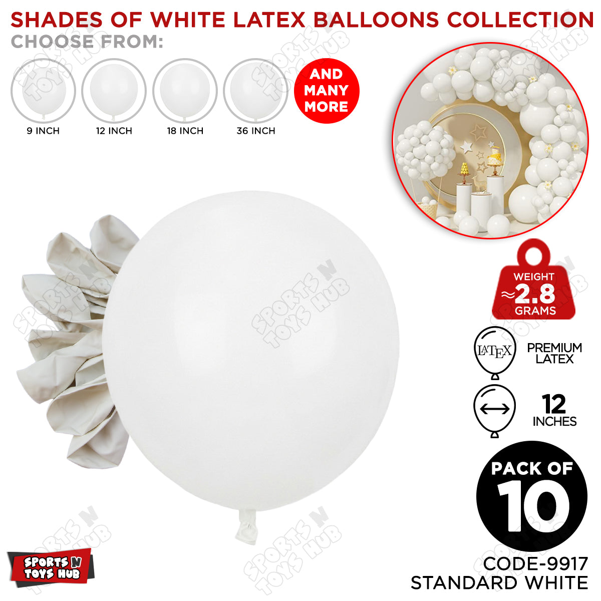 White Latex Solid Latex Balloons Available In 9, 12, 18 & 36 Inch Sizes