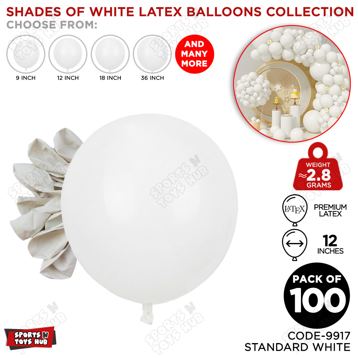 White Latex Solid Latex Balloons Available In 9, 12, 18 & 36 Inch Sizes