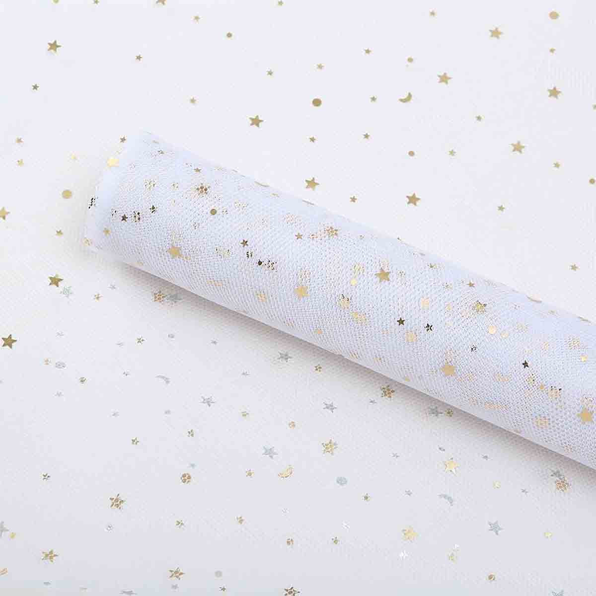 Glittery Mesh Net Wrapping Roll 5 Yards x 19 Inches Star & Moon Pattern See-Through Polyester Tulle for Flower Bouquets & Gift Wrapping