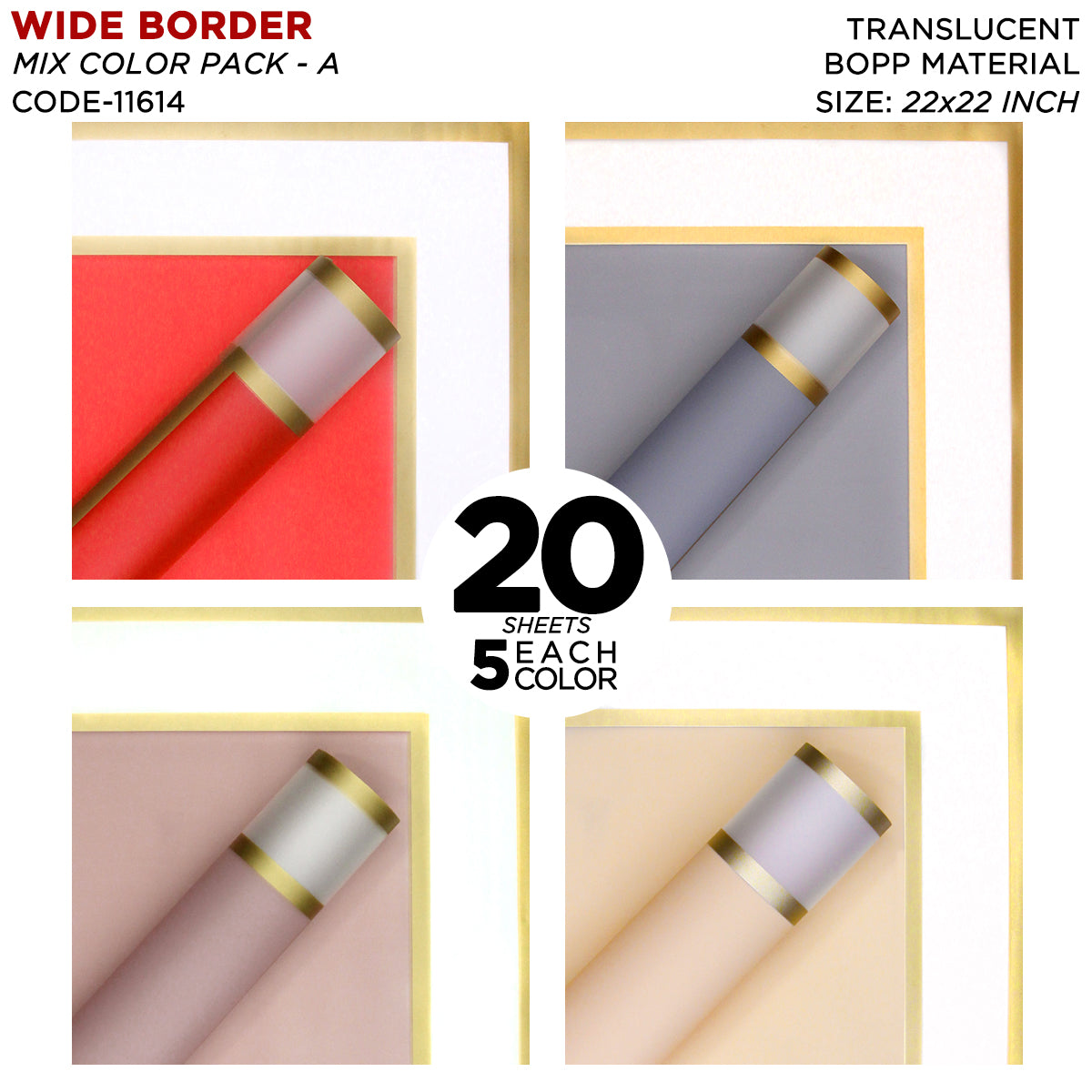 Triple Edge Wide Transparent Border - Mix Color 20 Sheet Pack - Translucent Matte Florist Wrapping Sheets