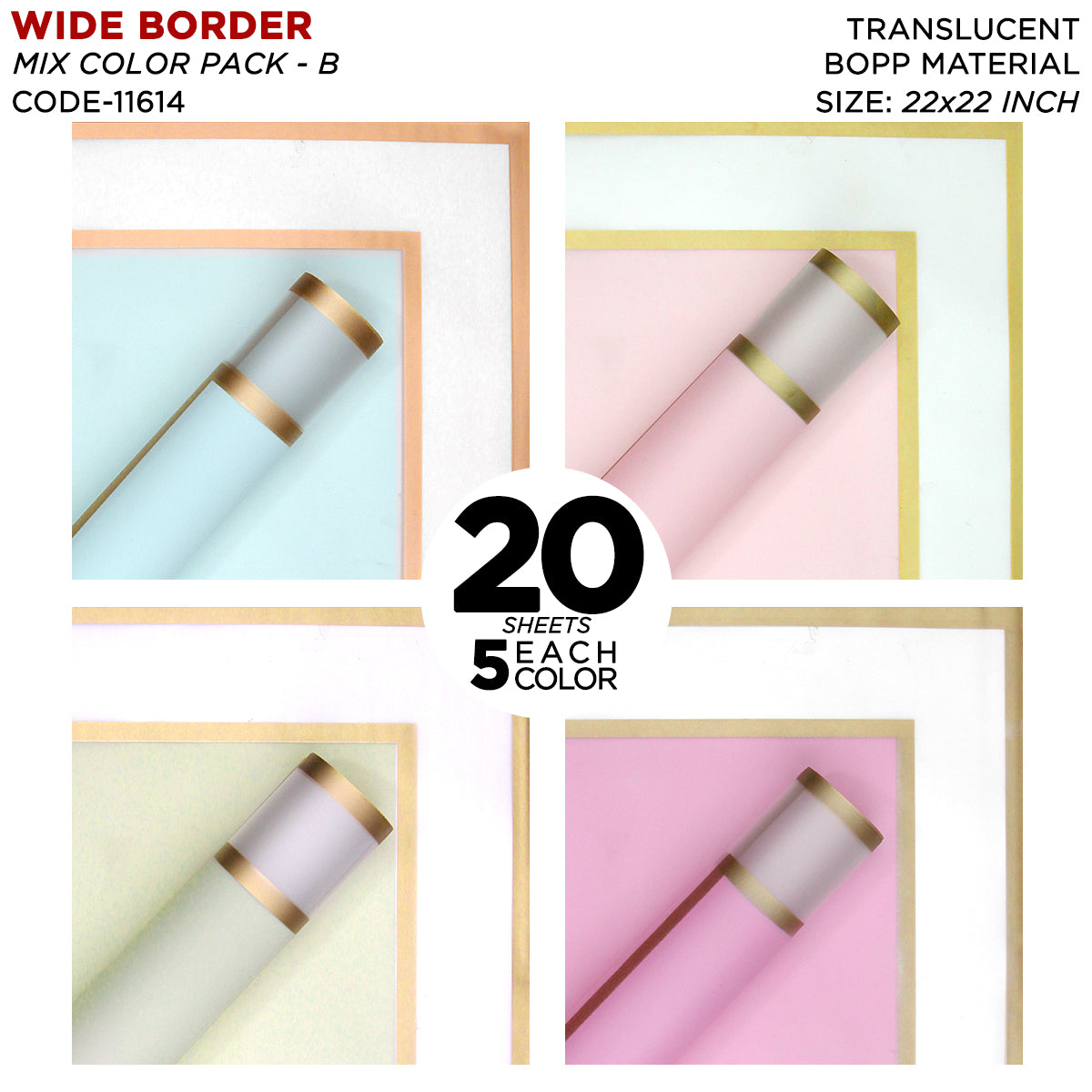 Triple Edge Wide Transparent Border - Mix Color 20 Sheet Pack - Translucent Matte Florist Wrapping Sheets
