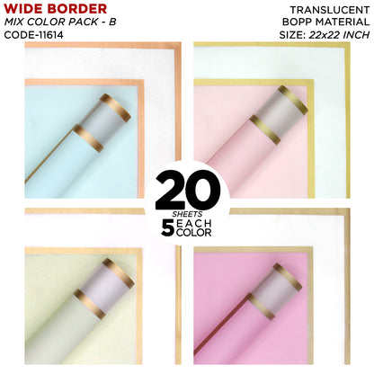Triple Edge Wide Transparent Border - Mix Color 20 Sheet Pack - Translucent Matte Florist Wrapping Sheets