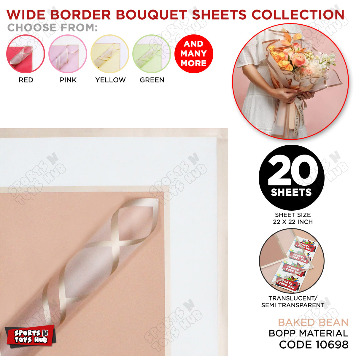 New Triple Edge Wide Transparent Gold Border Translucent Matte Florist Wrapping Sheets