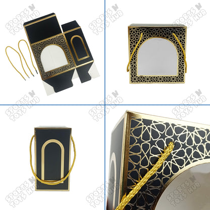 Gold Embossed Gift Boxes With Arch Window & Rope Handles - Pack Of 5