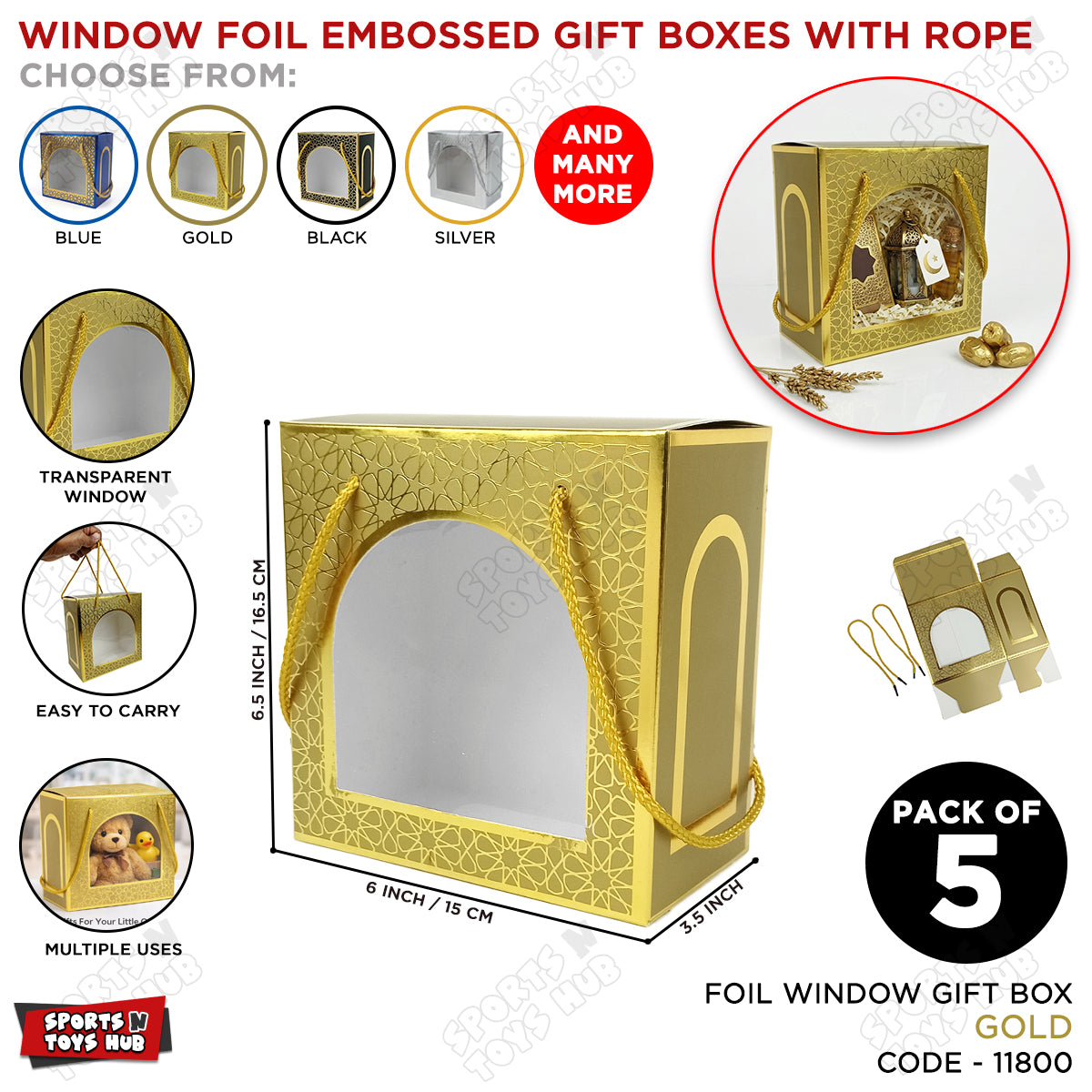 Gold Embossed Gift Boxes With Arch Window & Rope Handles - Pack Of 5