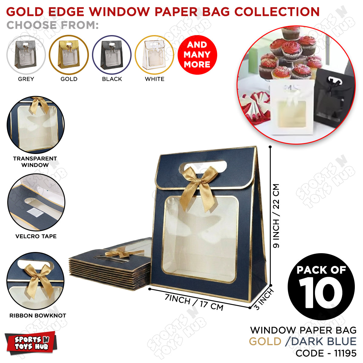 Window Paper Gift Bag with Gold Foil Edge  - Pack of 10