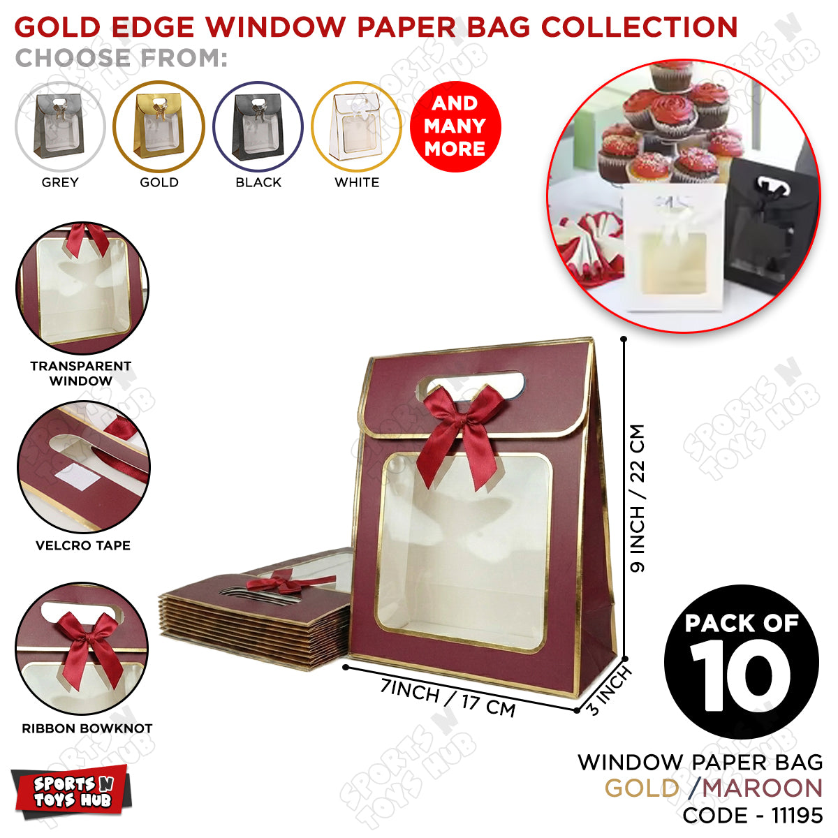 Window Paper Gift Bag with Gold Foil Edge  - Pack of 10