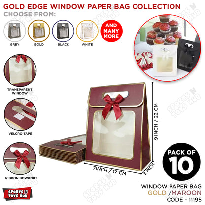 Window Paper Gift Bag with Gold Foil Edge  - Pack of 10