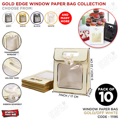 Window Paper Gift Bag with Gold Foil Edge Details  - Pack of 10