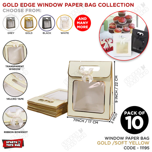 Window Paper Gift Bag with Gold Foil Edge  - Pack of 10