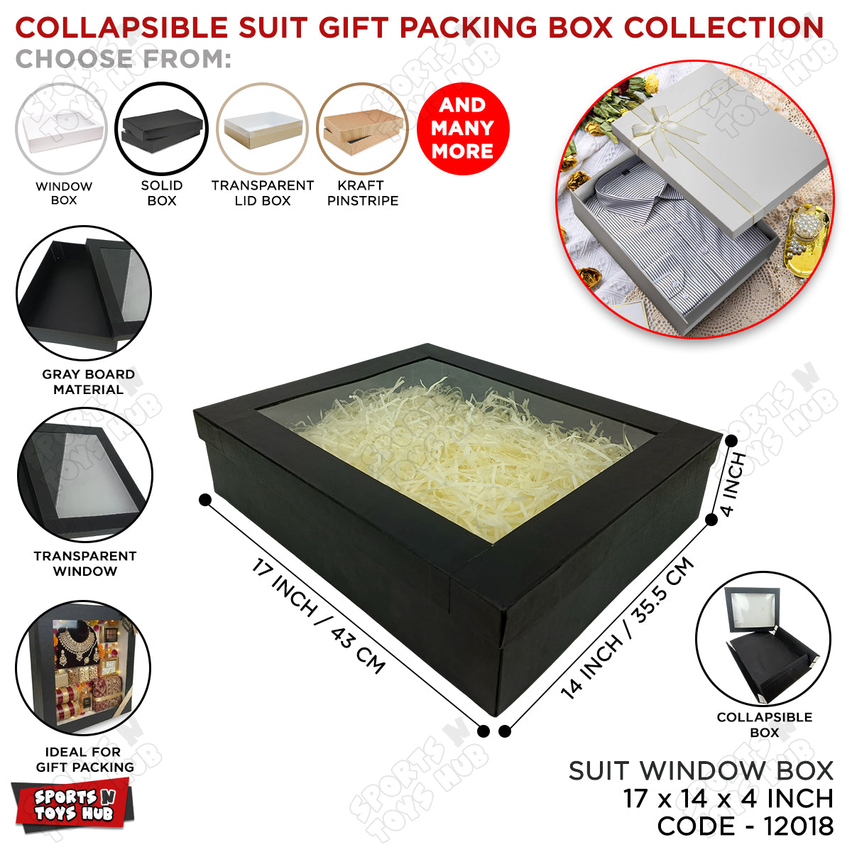 17 x 14 x 4 Inch Collapsible Rigid Suit Window Gift Box – Premium Transparent Window Suit Packaging Box for Wedding Gifts, Eid Gift Packing, Luxury Apparel Packaging