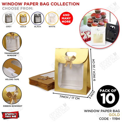 Window Paper Gift Bag with Gold Foil Edge  - Pack of 10
