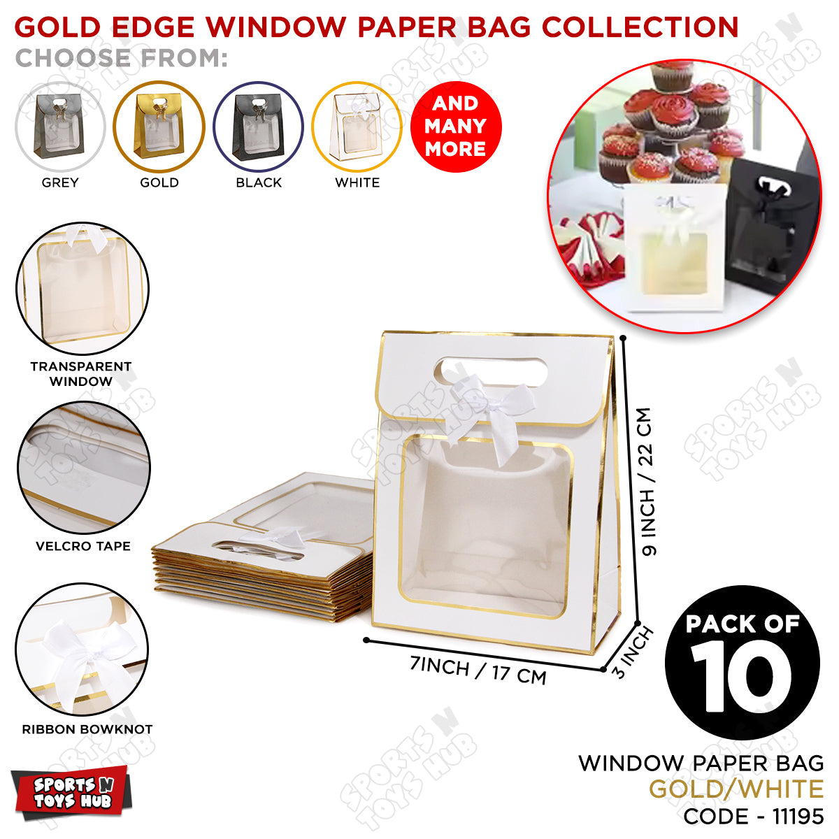 Window Paper Gift Bag with Gold Foil Edge  - Pack of 10