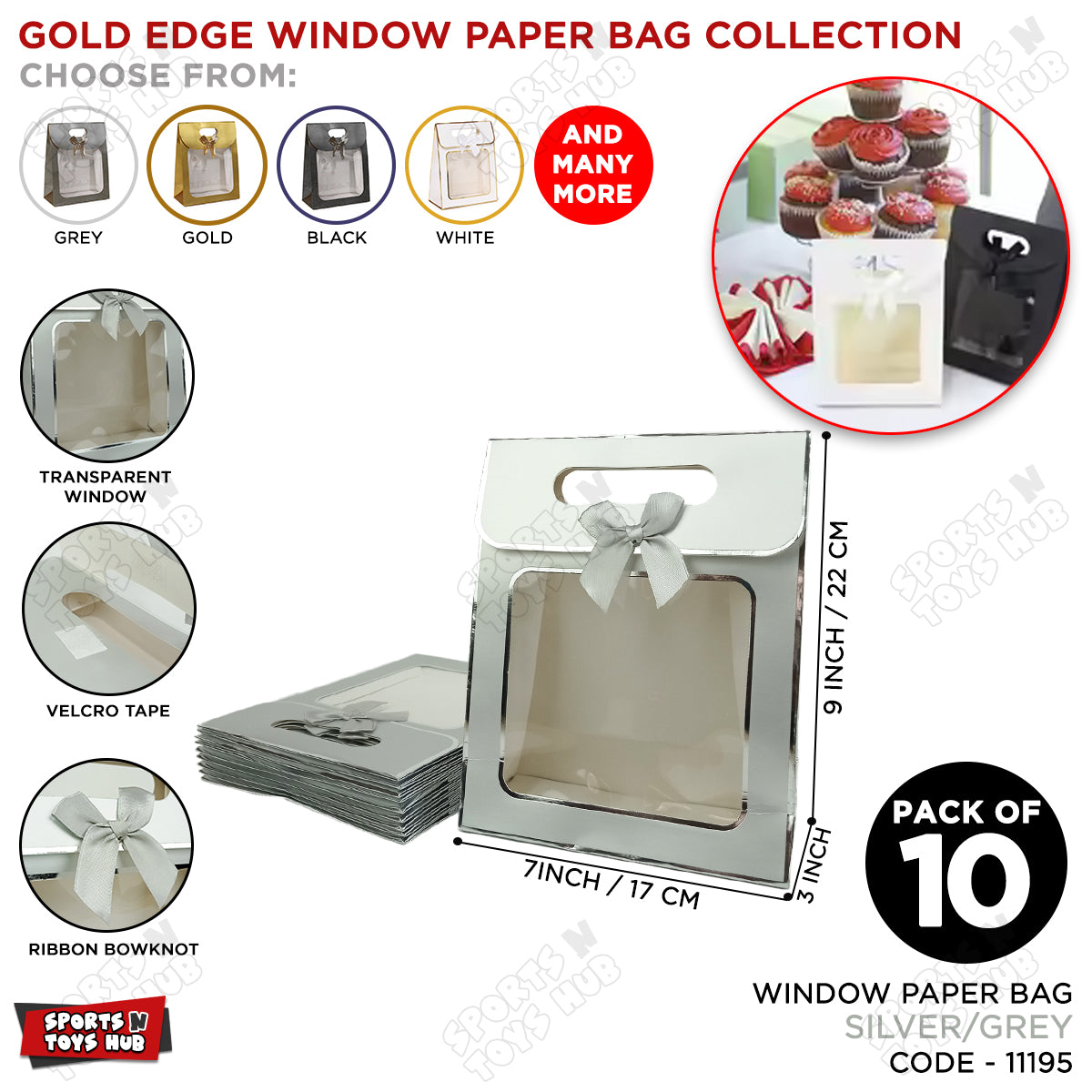 Window Paper Gift Bag with Gold Foil Edge  - Pack of 10