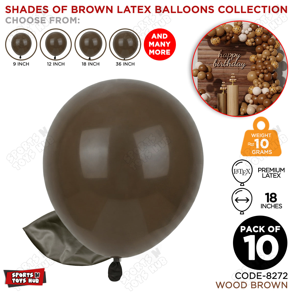 Wood Brown Latex Balloons Available In 9, 12, 18 & 36 Inch Sizes