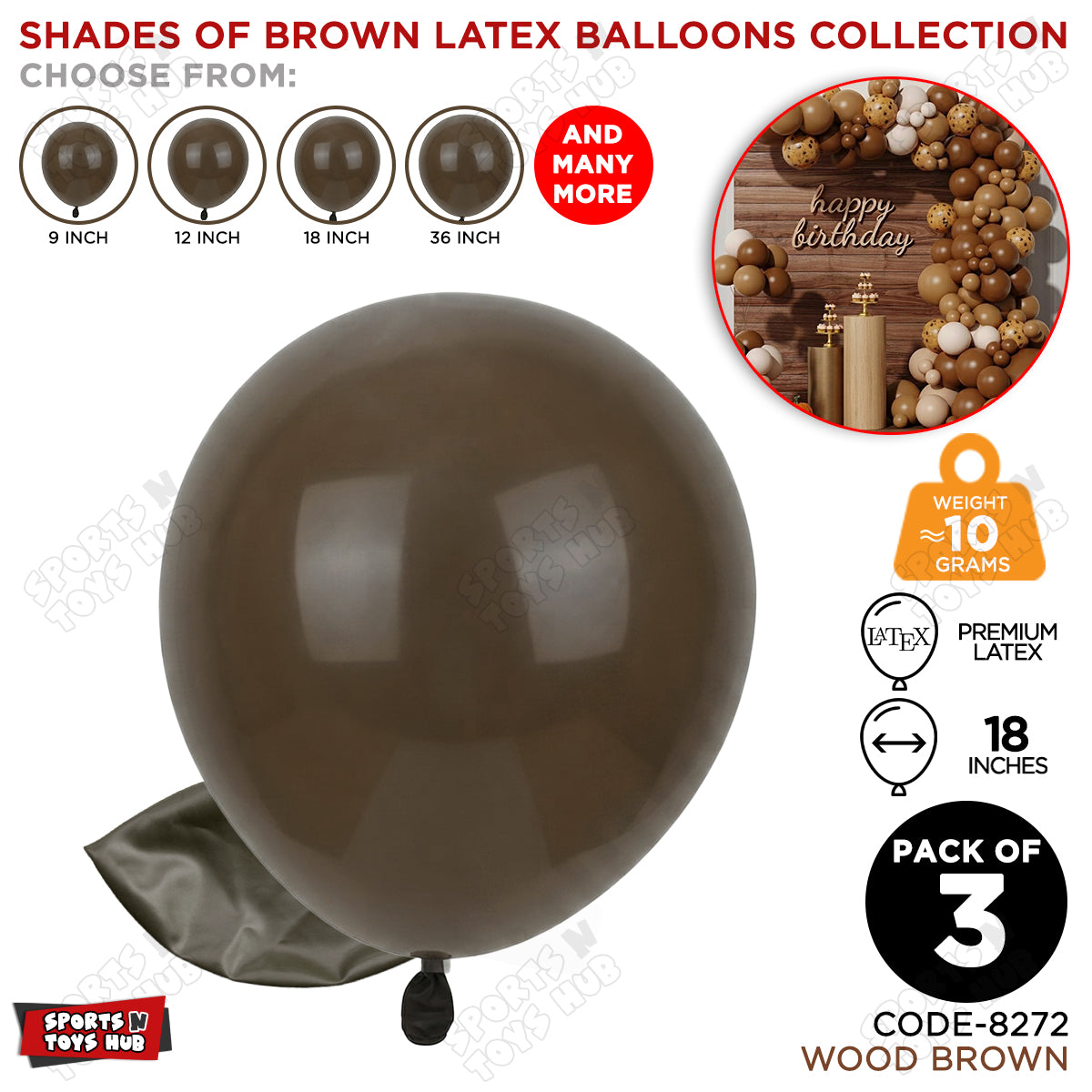 Wood Brown Latex Balloons Available In 9, 12, 18 & 36 Inch Sizes