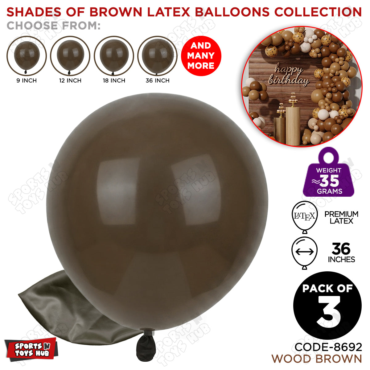 Wood Brown Latex Balloons Available In 9, 12, 18 & 36 Inch Sizes