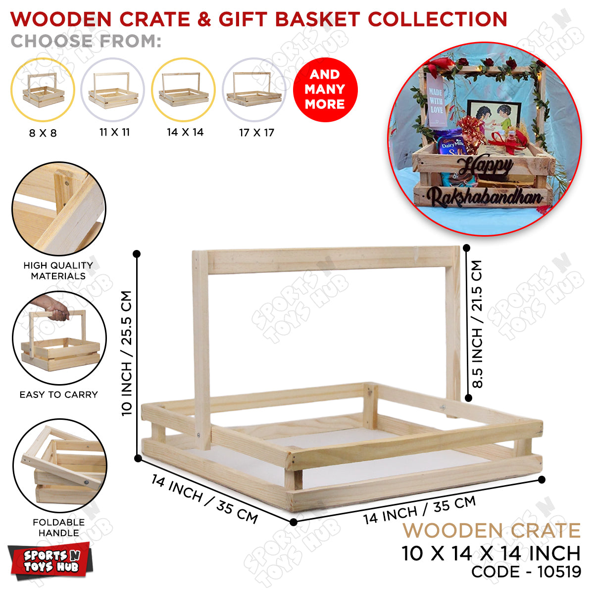 Wooden Crate Gift Basket With Foldable Handle