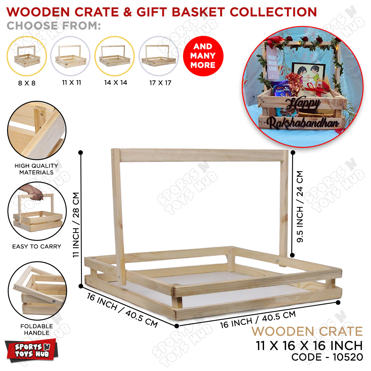 Wooden Crate Gift Basket With Foldable Handle