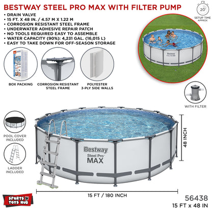 Bestway Steel Pro Round Above Ground 15ft x 48in Depth Swimming Pool - 56438