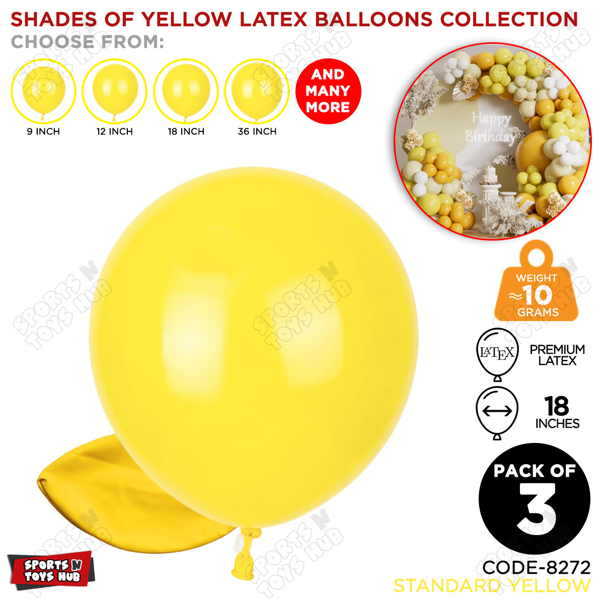 Yellow Latex Balloons Available In 9, 12, 18 & 36 Inch Sizes