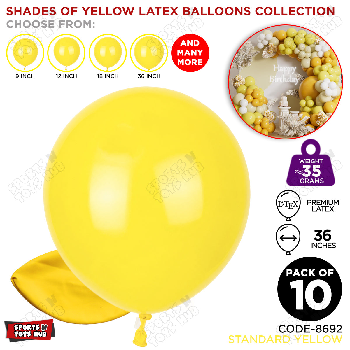 Yellow Latex Balloons Available In 9, 12, 18 & 36 Inch Sizes