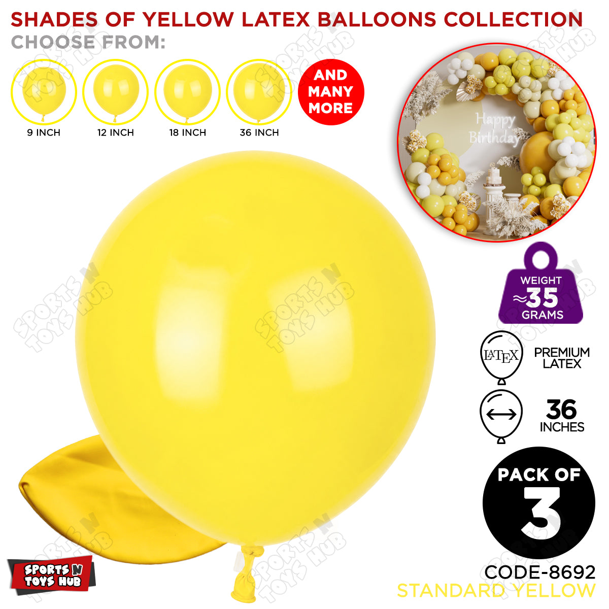 Yellow Latex Balloons Available In 9, 12, 18 & 36 Inch Sizes