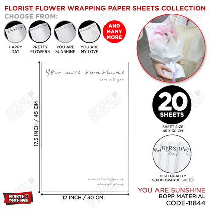 You Are Sunshine Premium White BOPP Floral Wrapping Paper Sheets Pack of 20 – Waterproof Flower Bouquet Wrap for Fresh Flowers, Wedding Bouquets, Flower Arrangements & Gift Wrapping