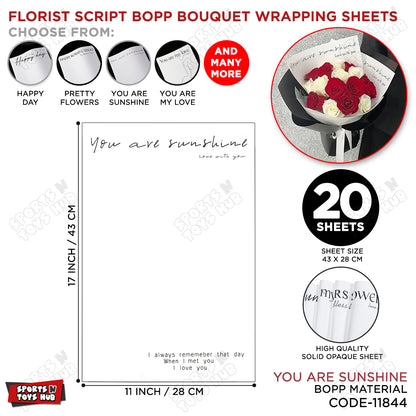 You Are Sunshine Premium White BOPP Floral Wrapping Sheets Pack of 20 – Waterproof Flower Bouquet Wrap for Fresh Flowers, Wedding Bouquets, Flower Arrangements & Gift Wrapping