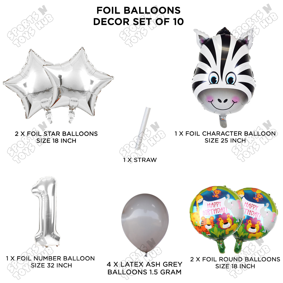 Jungle Safari Zebra Pack Of 10 Foil Balloon Set