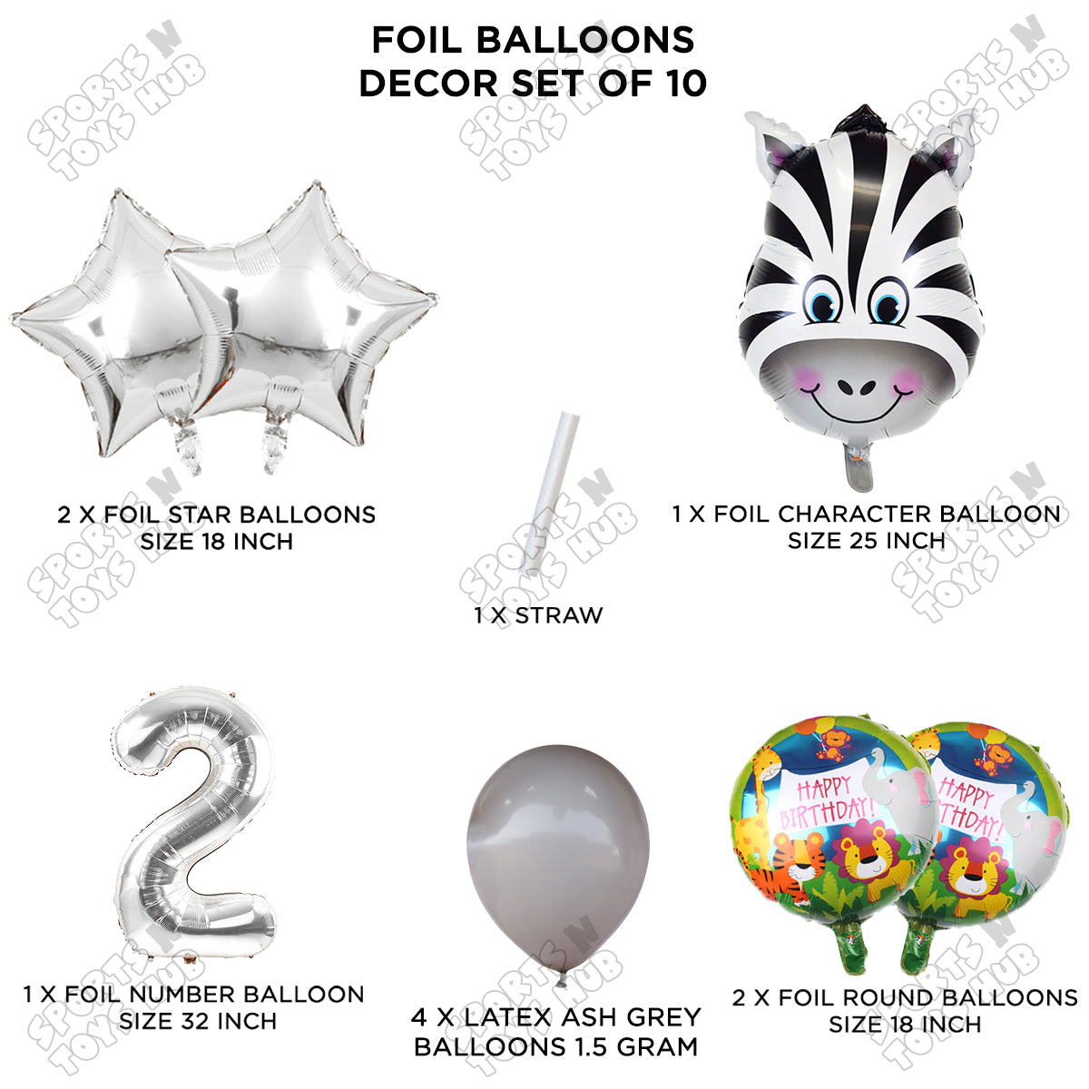 Jungle Safari Zebra Pack Of 10 Foil Balloon Set