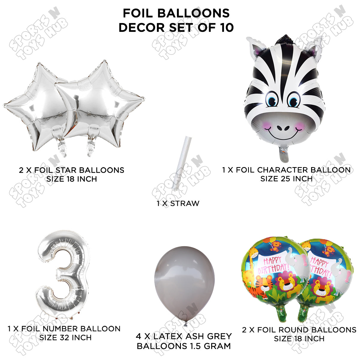 Jungle Safari Zebra Pack Of 10 Foil Balloon Set