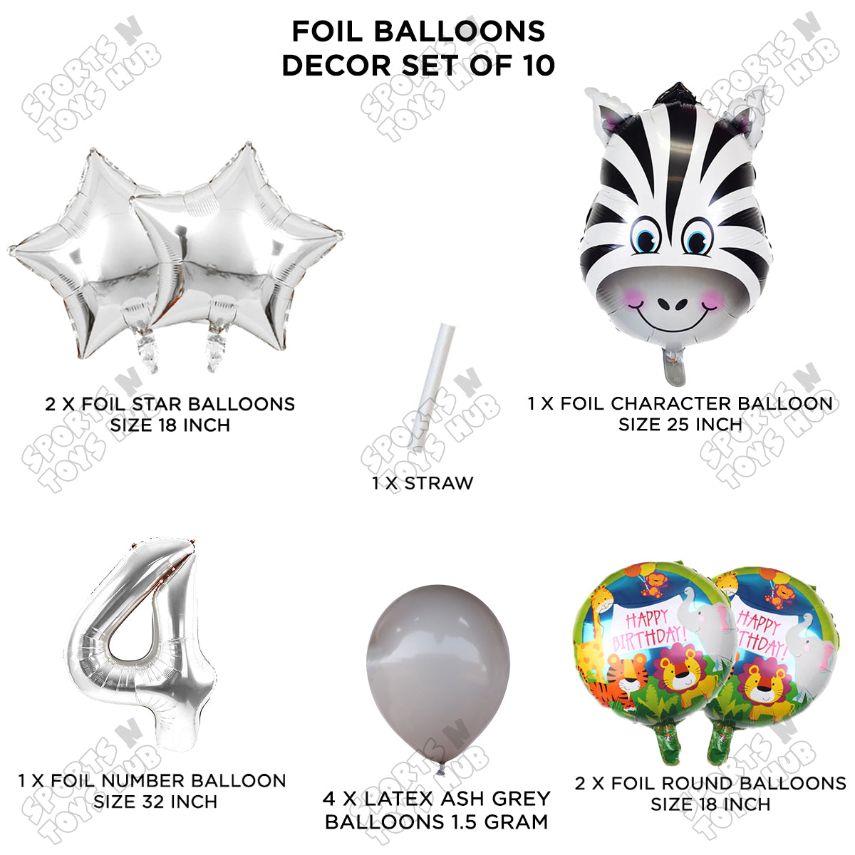 Jungle Safari Zebra Pack Of 10 Foil Balloon Set