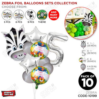 Jungle Safari Zebra Pack Of 10 Foil Balloon Set