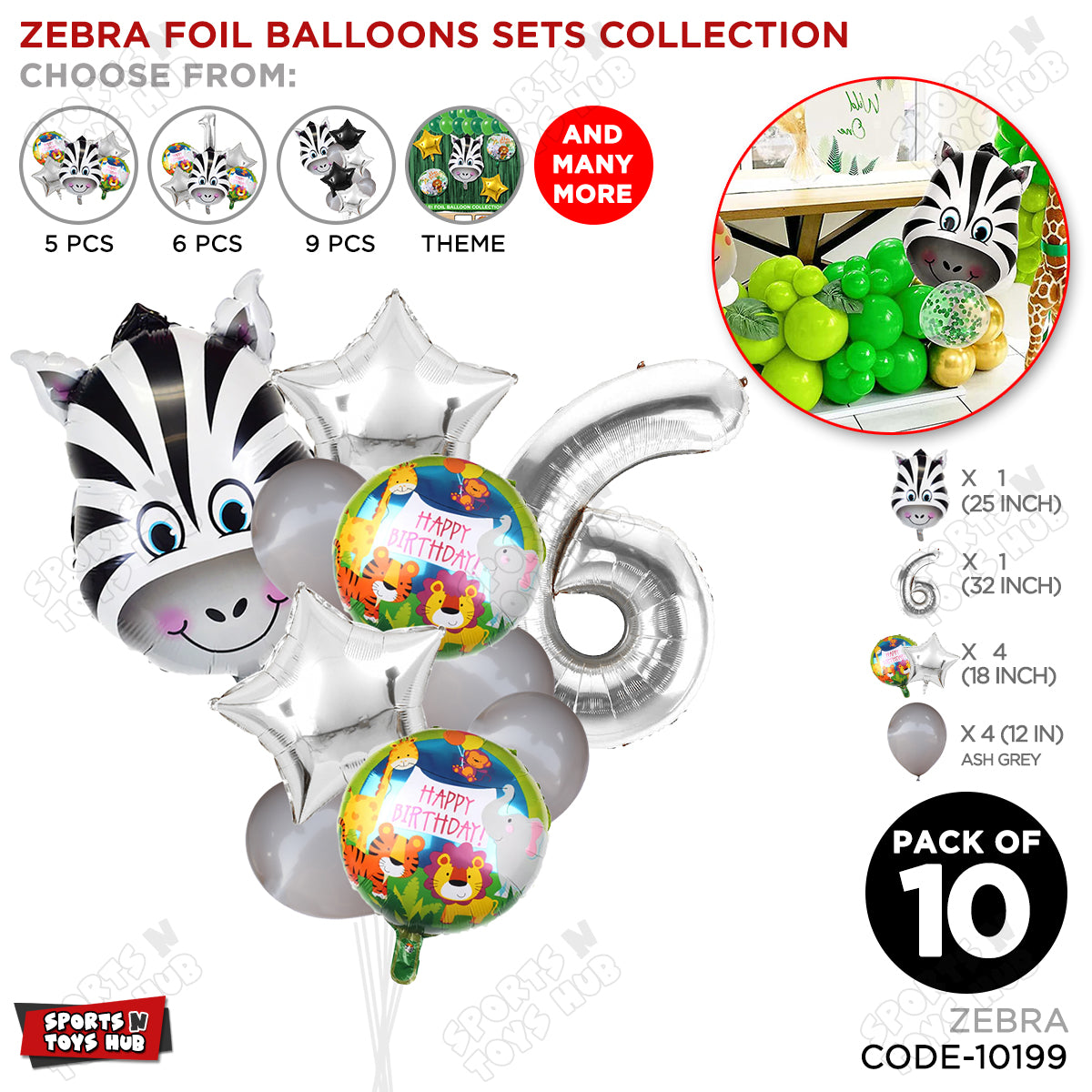 Jungle Safari Zebra Pack Of 10 Foil Balloon Set