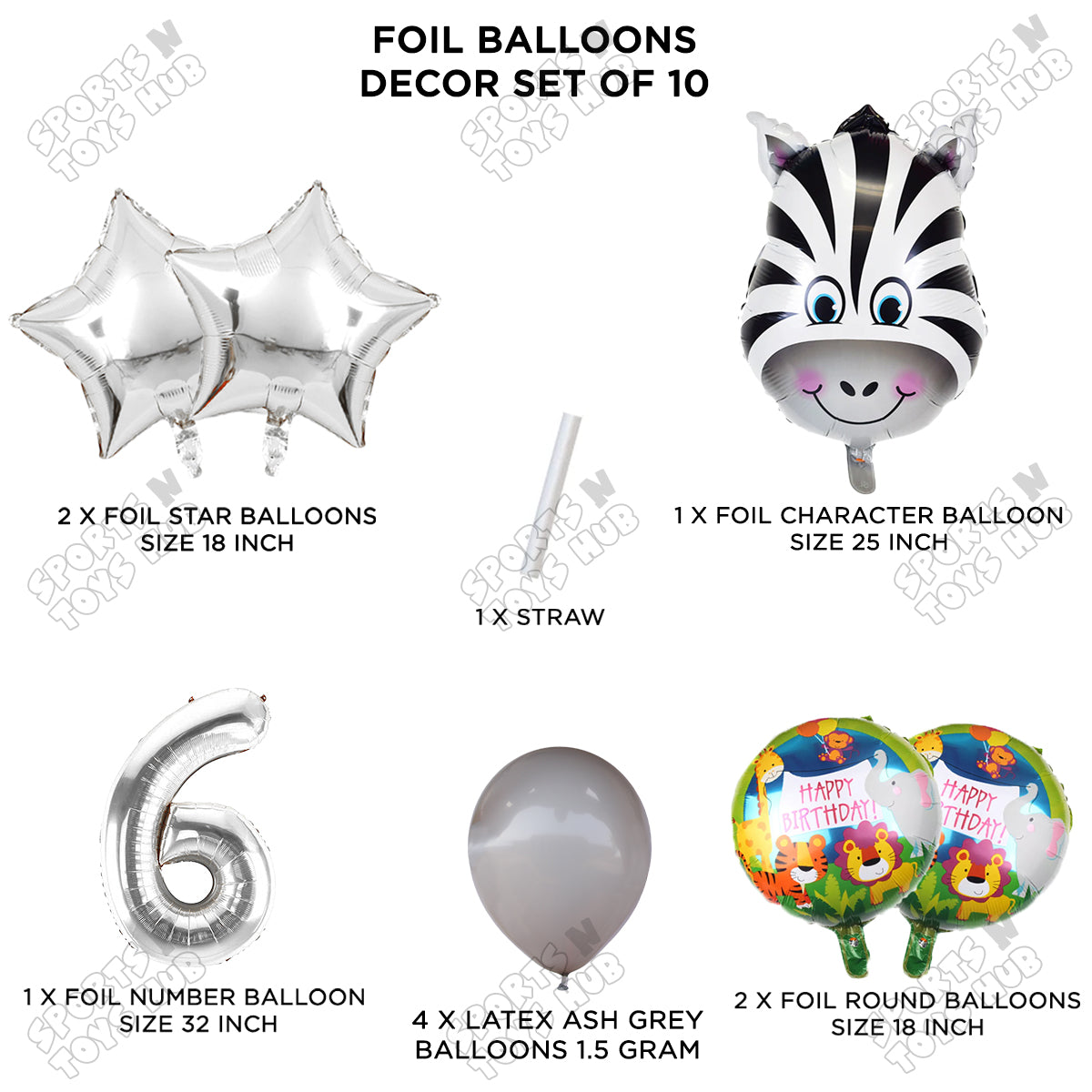 Jungle Safari Zebra Pack Of 10 Foil Balloon Set