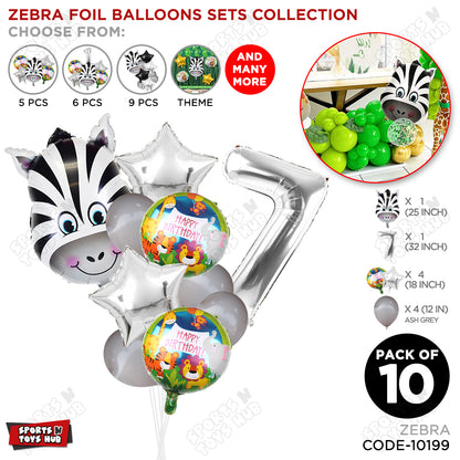 Jungle Safari Zebra Pack Of 10 Foil Balloon Set