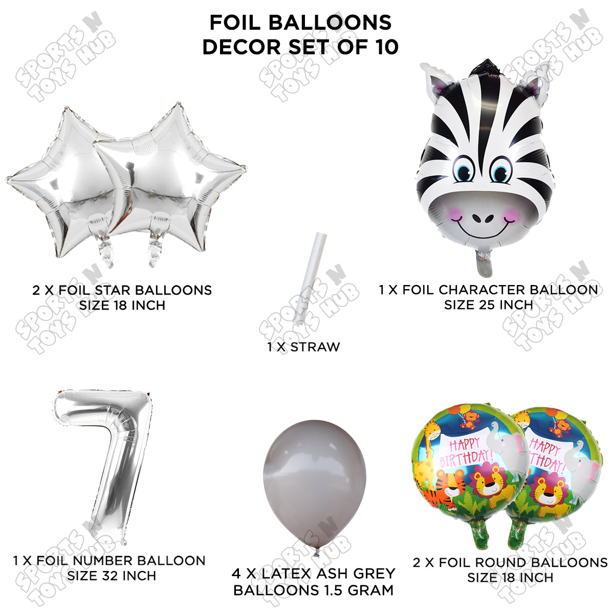 Jungle Safari Zebra Pack Of 10 Foil Balloon Set