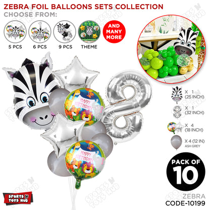 Jungle Safari Zebra Pack Of 10 Foil Balloon Set