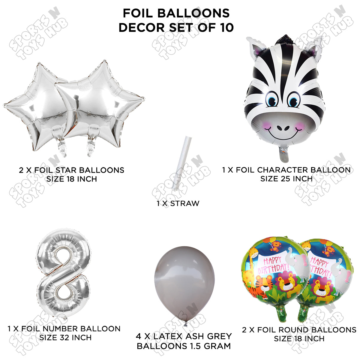 Jungle Safari Zebra Pack Of 10 Foil Balloon Set