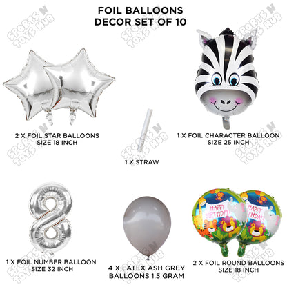 Jungle Safari Zebra Pack Of 10 Foil Balloon Set