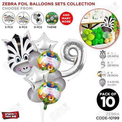 Jungle Safari Zebra Pack Of 10 Foil Balloon Set