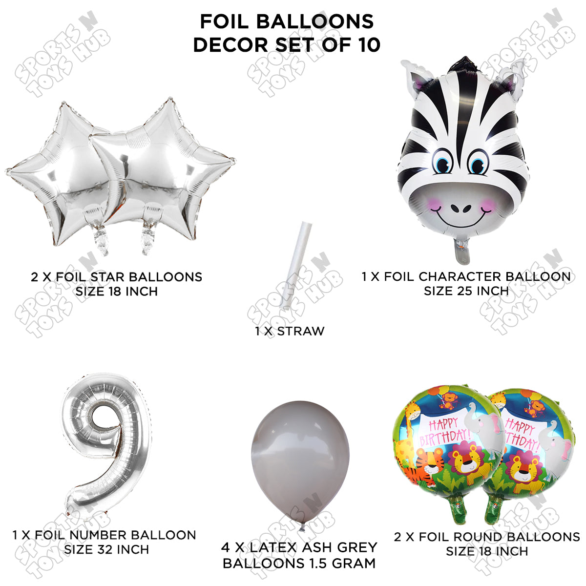 Jungle Safari Zebra Pack Of 10 Foil Balloon Set